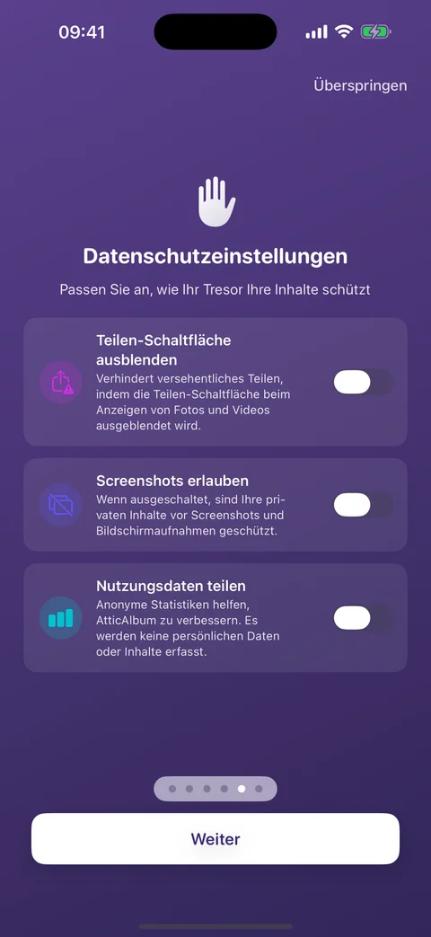 Datenschutz-Einstellungen von AtticAlbum mit Optionen fuer Teilen, Screenshots und Nutzungsdaten