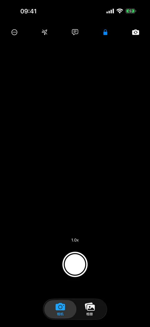 AtticAlbum 内置相机界面，显示闪光灯、变焦和加密控制