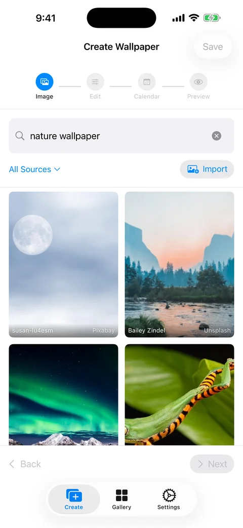 WidgeOne image selection screen showing a grid of beautiful stock photos