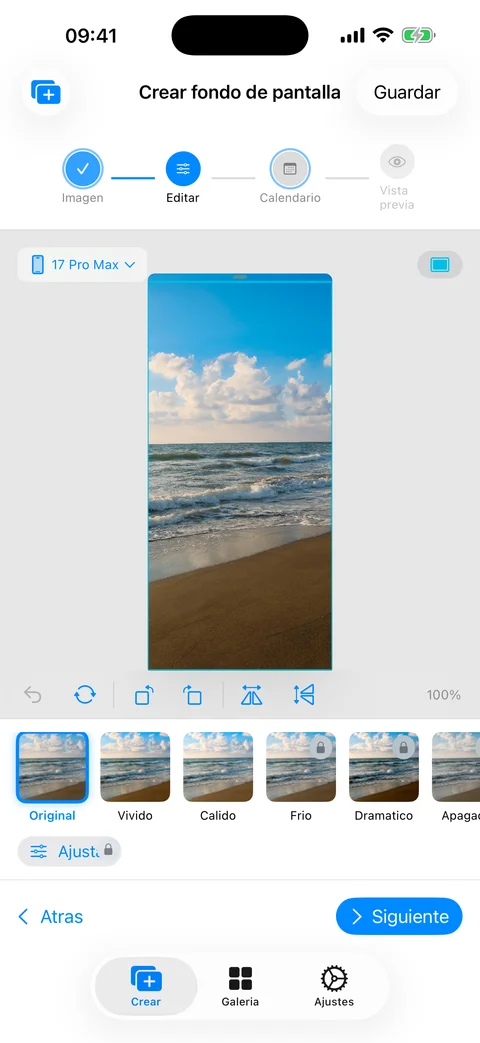 Editor de calendario de WidgeOne con presets de filtro y enmarcado de dispositivo