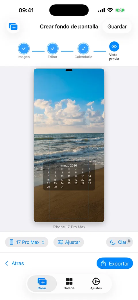 Pantalla de exportación de WidgeOne mostrando el fondo final con calendario superpuesto