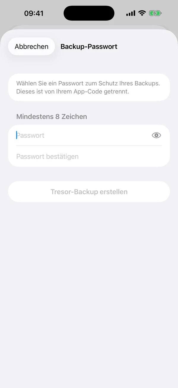 AtticAlbum-Sicherungspasswort-Dialog mit Passwort- und Bestaetigungsfeldern