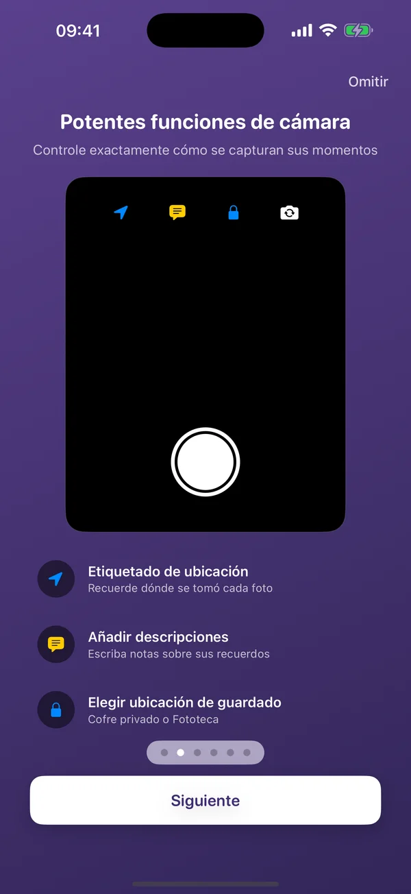 Funciones de cámara de AtticAlbum mostrando etiquetado de ubicación, subtítulos y opciones de guardado