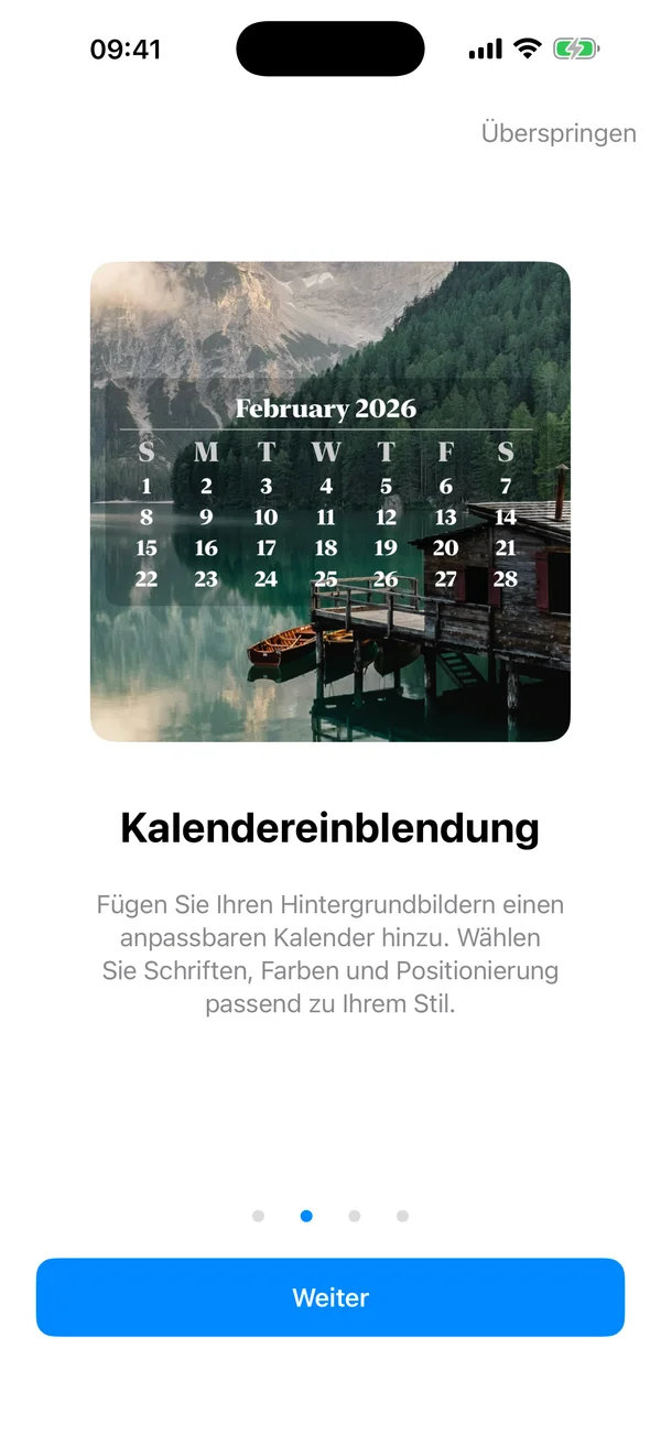 WidgeOne-Kalender-Onboarding mit anpassbarem Kalender ueber einem Panoramahintergrund