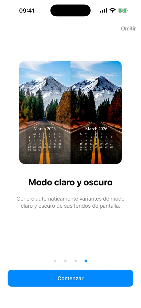 Variantes de fondo claro y oscuro de WidgeOne lado a lado con paisaje montañoso y calendario